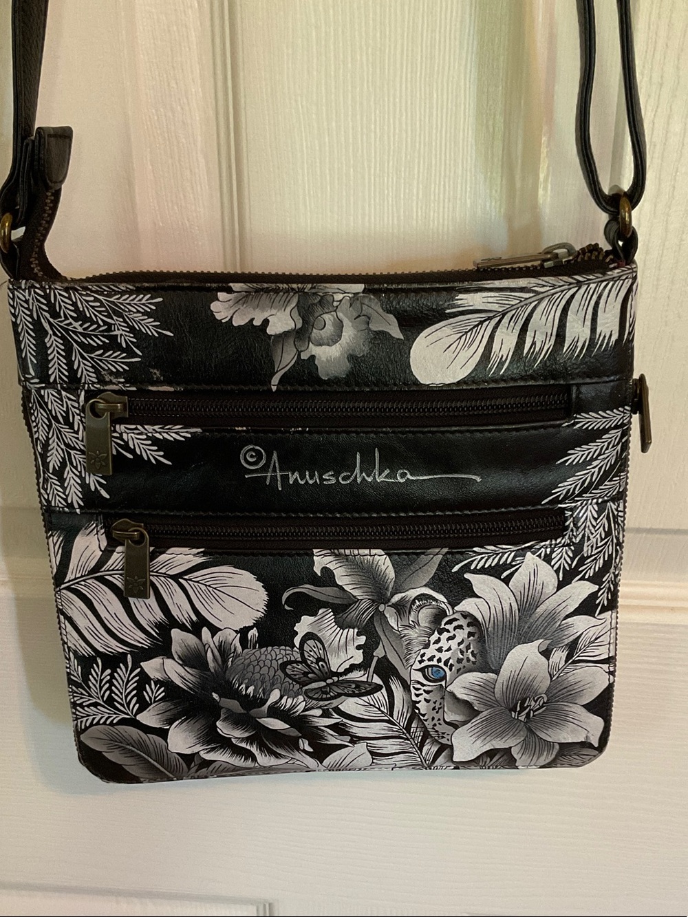 Anuschka Black Crossbody Bag Leopard With Blue Eye Accents